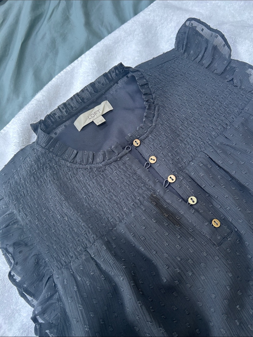 LOFT Navy Blue Swiss Dot Ruffle Yoke Blouse